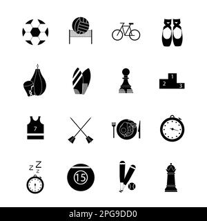 Kollektion von Ikonen mit verschiedenen Sportarten und gesunder Ernährung im einfachen Design Stockfoto