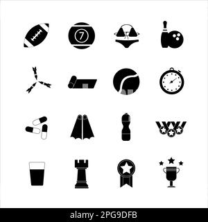 Kollektion von Ikonen mit verschiedenen Sportarten und gesunder Ernährung im einfachen Design Stockfoto