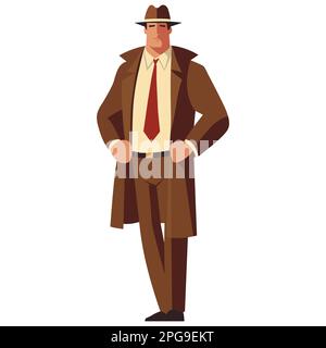 Detective in braunem Mantel und Hut. Abbildung eines flachen Vektors. Stock Vektor