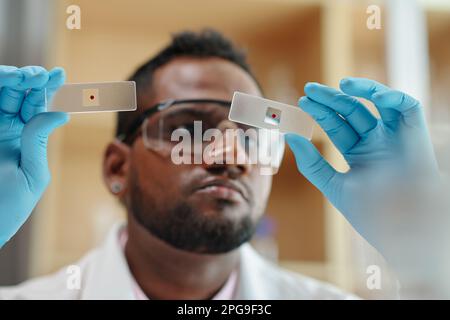 Fokus auf Handschuhen junger männlicher Wissenschaftler, die Objektträger halten und Substanzproben im Laborversuch vergleichen Stockfoto