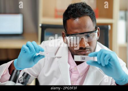 Junger, ernstzunehmender Wissenschaftler in Laborkittel, Schutzhandschuhen und Brillen, der sich Objektträger im Experiment im klinischen Labor ansieht Stockfoto
