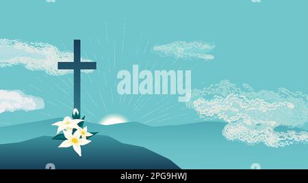 Kreuz auf Faith Hill Religion Feiertagsvektor Hintergrund. Leendenzeit christliches Symbol. Sakrament biblisches Kirchenkreuz. Katholische bibel Heilige Woche Stock Vektor