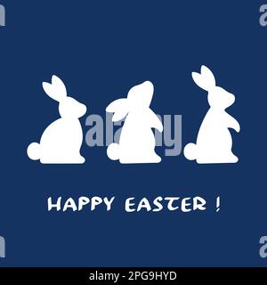 Frohe Ostern! Minimalismus-Urlaubskarte mit Häschen-Silhouette auf blauem Hintergrund. Vektordarstellung. Stock Vektor