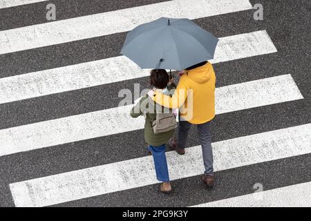 Szene eines Paares, das an einem regnerischen Tag mit einem Schirm auf einer Zebraüberquerung der Stadt spaziert Stockfoto