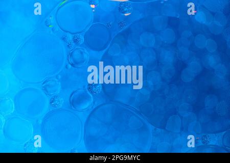 Abstrakter blauer Hintergrund bei Makrovergrößerung. Mit Öl-Wasser-Kreisen Stockfoto