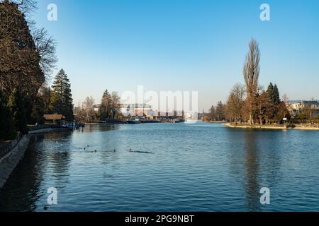 Thun, Schweiz, 12. Februar 2023 Uferpromenade am Thunersee an einem sonnigen Tag Stockfoto