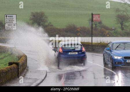 Timoleague, West Cork, Irland. 21. März 2023. Die Straßen in West Cork überfluteten heute nach 24 Stunden unaufhörlichen Regens und einer astronomischen Flut. Der Regen wird die ganze Nacht andauern, was morgen früh bei Flut zu weiteren Überschwemmungen führen wird. Kredit: AG News/Alamy Live News Stockfoto