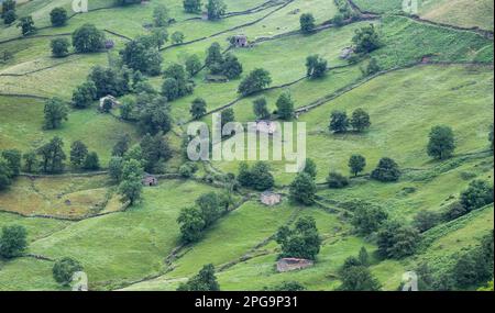 Rustikale Steinhütten auf einem Hügel mit grünen Wiesen Stockfoto