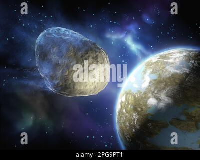 Asteroid auf Kollisionspfad mit einem erdähnlichen Planeten. Digitale Illustration, 3D-Rendering. Stockfoto