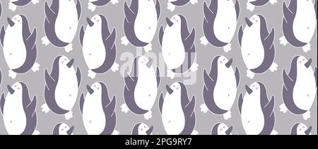 Nahtloses Muster mit violetten tanzenden Pinguinen. Süßer Aufdruck für Kinderzimmer, Tapete, Bettwäsche, Kleidung, Utensilien, Postkarten, Banner, poste Stock Vektor