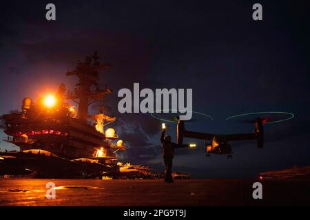 Auf See. 2. März 2023. EIN US-AMERIKANISCHER Air Force CV-22B Osprey mit dem 352. Special Operations Flügel, bereitet sich auf den Start vom Flugdeck der USA vor Flugzeugträger der Navy Nimitz-Klasse USS George H.W. Bush (CVN 77) während der Qualifikation für Deckslandungen, 2. März 2023. Diese Operationen zeigen US-amerikanische Die Fähigkeit des europäischen Kommandos, Sondereinsatzkräfte (Special Operations Forces, SOF) rasch im gesamten Zuständigkeitsbereich der sechsten Flotte einzusetzen, und die Verpflichtung der USA, mit Alliierten und Partnern zu trainieren, um als multinationale Truppen und SOF zu entsenden und zu kämpfen, um den heutigen Herausforderungen zu begegnen. (Kreditbild: © USA Air Force/ Stockfoto