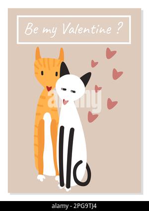 Süße Postkarte mit der Inschrift sei mein Valentinstag. Ein Haufen Katzen, die sich lieben und umarmen. Kreatives Geschenk zum Valentinstag. Freund und Freundin bei einem Date Stock Vektor