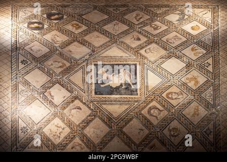 Aquiles und Pentesilea's Mosaik aus dem IV. Jahrhundert im Inneren des Madrider regionalen Archäologischen Museums in Alcala de Henares, Provinz Madrid, Spanien. Die Stockfoto