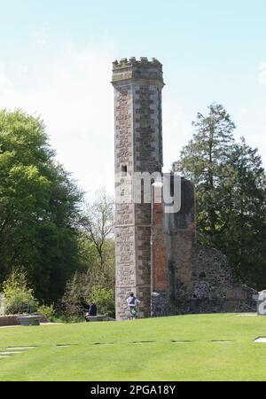 Ruinen von Antrim Castle, verbliebener Steinturm, bekannt als Italianate Tower in Antrim Castle Gardens Northern Ireland. Stockfoto