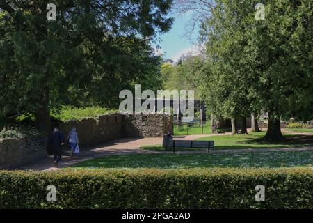 Mann und Frau, die am sonnigen Frühlingstag im Mai auf dem Gelände der Antrim Castle Gardens spazieren. Neben dem Six Mile River in Antrim Stockfoto