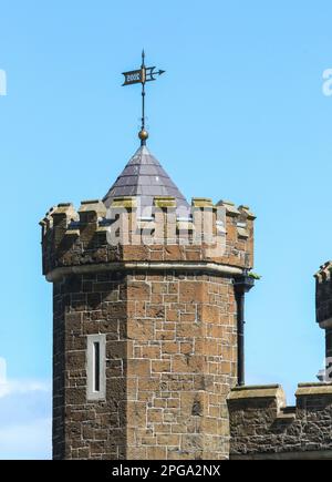 Wetterfahne auf dem Turm der Barbican Gate Lodge ein altes Gebäude in der Grafschaft Antrim Nordirland, Großbritannien. Stockfoto