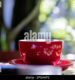 Moccha wird in einem roten Becher neben dem Fenster mit Pflanzen serviert. Vor einem verblassten Buch Stockfoto
