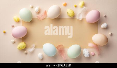 Ostereier auf beigefarbenem Hintergrund mit einem leeren Kopierraum für Ostern Stockfoto