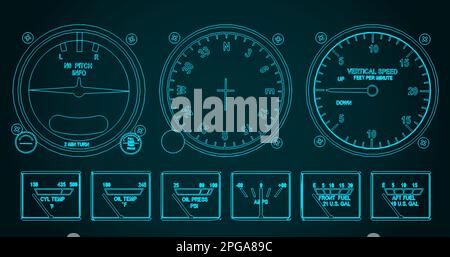 Stilisierte Vektordarstellung einer Nahaufnahme des Armaturenbretts der Flugzeugsteuerung Stock Vektor