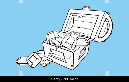 Schatztruhe mit Edelsteinen öffnen. Holzkoffer oder -Truhe mit prächtigen Steinen. Vektordarstellung auf blauem Hintergrund isoliert Stock Vektor