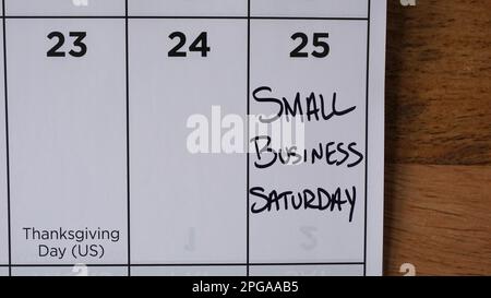 Small Business Saturday marked on a calendar on Saturday, November 25, 2023. Stockfoto