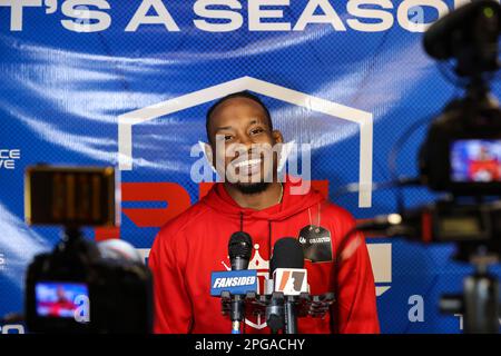 Las Vegas, NV, USA. 21. März 2023. PFL Featherweight Bubba Jenkins spricht während des 2023. PFL Regular Season Media Day im Xtreme Couture MMA in Las Vegas, NV, vor den Medien. Christopher Trim/CSM/Alamy Live News Stockfoto