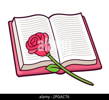 Rote Rose auf offenem Buch, einfache Zeichentrickzeichnung. Romantikromane lesen. Vektor-Clip-Art-Illustration. Stock Vektor