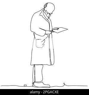 Ein alter Arzt mit Bart im Bademantel liest die Karte eines Kranken in einer Zeile Stock Vektor