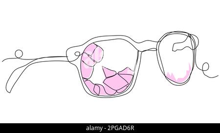 Gebrochene pinkfarbene Brille in einer Zeile auf weißem Hintergrund. Stock Vektor