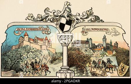 Blick auf die Burg Hohenzollern und Burg Nürnberg, Nürnberg, Geschichte der Hohenzollern, Preußen, historische Illustration 1899 Stockfoto