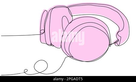 Pinkfarbene Kopfhörer in einer Zeile auf weißem Hintergrund. Konzeptbild mit Musikausrüstung. Liebe zur Musik. Darstellung des Rohvektors mit bearbeitbarer st Stock Vektor