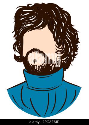 Silhouette von Lord Tyrion im Skizzenstil auf weißem Hintergrund. Porträtmann mit Bart und langen Haaren. Vektorbildredaktion. Kiew, Ukr Stock Vektor