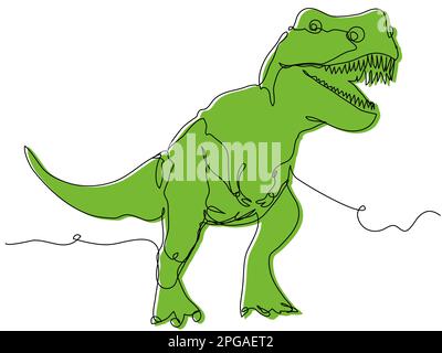 Dinosaurier in einer Linie auf weißem Hintergrund. Tyrannosaurus-rex-Konzept mit grüner Silhouette und minimalem Umriss. Darstellung des Rohteilvektors mit Bearbeitungstabelle Stock Vektor