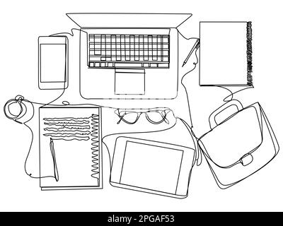 Arbeitsbereich mit Laptop, Tablet, Smartphone und Dokumenten in einer Zeile Stock Vektor