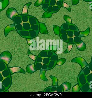 Tierkarikaturen nahtlose Schildkröten- und Wasserwellen zum Einwickeln von Papier, Leinen und Stoffen Stockfoto