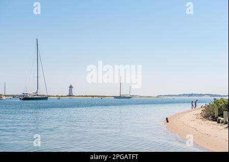 Touristen genießen den Strand in The Sound zwischen Chappaquiddick Island und Edgartown auf Martha's Vineyard im Sommer auf Chappaquiddick Island, MA Stockfoto