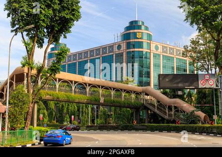 Fußgängerbrücke über die Upper Cross Street mit zentralem Einkaufszentrum dahinter, Singapur Stockfoto