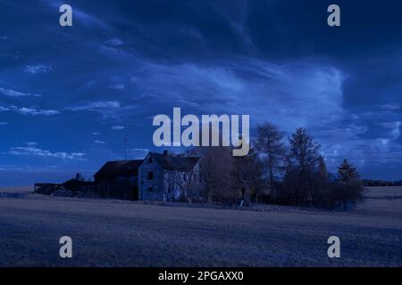 Infrarot-Landschaft mit 720 nm, strahlend weißer Vegetation, surrealen Wäldern und sanften Hügeln in Falschfarbenfotografie, traumhafte Naturszene Stockfoto