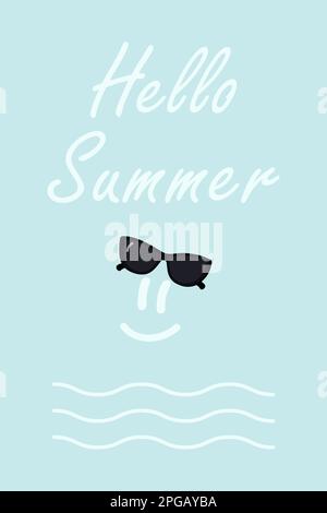 Schlichte Sommersonnenbrille und „Hello Summer“-Schriftzug mit Wellenlinien in trendigen Farbtönen. Design für Poster, Gruß- oder Einladungskarten, Banner, Broschüren oder Werbung, Werbeaktionen. Vektor. EPS. Stock Vektor