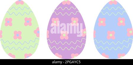 Set aus drei Ostereiern in trendy, sanftem Grün, Flieder und Blau mit abstraktem Muster von Wellenlinien und Blumen. Aufkleber. Symbol. Isolieren. Design für Poster, Banner, Broschüren oder Begrüßungen, Preisschild. EPS Stock Vektor