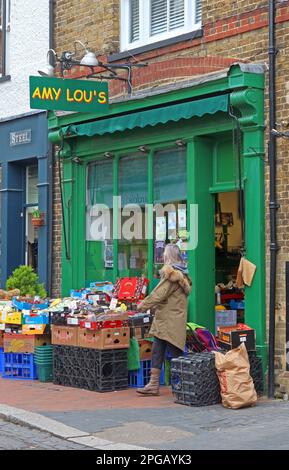 Amy Lou's Greengrocers Shop, 41 Bridge St, Godalming, Waverley, Surrey, ENGLAND, GROSSBRITANNIEN, GU7 1HL Stockfoto