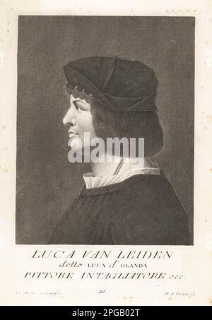 Lucas van Leyden, oder Lucas Hugensz oder Lucas Jacobsz, niederländischer Maler und Druckerei in Gravur und Holzschnitt, 1494-1533. Wunderkind, gemalte Geschichte, Landschaften und Porträts in Öl, Staupe und auf Glas. Luca van Leiden, Detto Luca d'Olanda. Copperplate-Gravur von Pietro Antonio Pazzi nach Giovanni Domenico Campiglia nach einem Selbstportrait des Künstlers aus Francesco Moucke's Museo Florentino (Museum Florentinum), Serie di Ritratti de Pittori (Serie von Maler-Porträts) stamperia Mouckiana, Florenz, 1752-62. Stockfoto