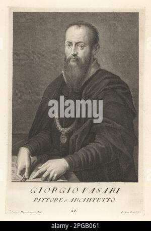 Giorgio Vasari, italienischer Renaissance-Meister, der als Maler, Architekt, Ingenieur, Schriftsteller und Historiker arbeitete, 1511-1574. Autor von The Lives of the Most Excellent Maler, 1550. Pittore e Architetto. Copperplate-Gravur von Pietro Antonio Pazzi nach Giovanni Domenico Campiglia nach einem Selbstportrait des Künstlers aus Francesco Moucke's Museo Florentino (Museum Florentinum), Serie di Ritratti de Pittori (Serie von Maler-Porträts) stamperia Mouckiana, Florenz, 1752-62. Stockfoto