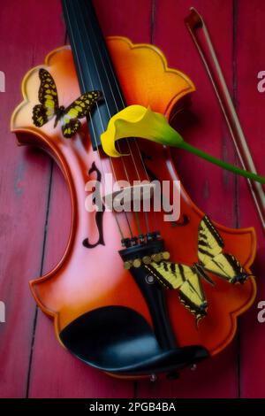 Barocke Violine Und Schmetterlinge Mit Gelber Calla Lily Still Life Stockfoto