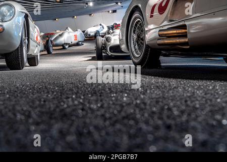 Silver Arrows - Races and Records. Mercedes Museum, Stuttgarts most visited museum is part of the Mercedes-Benz World in Untertuerkheim and reminds Stock Photo