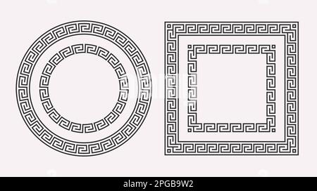 Griechische Linien Zierrahmen Set. Kreis- und quadratische Meander-Muster-Kollektion. Alte griechische Grenzen. Geometrisches Meandros-Motiv. Vektordekorationen Stock Vektor