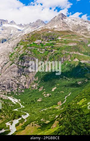 Furkapass, Pass Road, Gletsch, Wallis, Andermatt, Uri, Schweiz Stockfoto