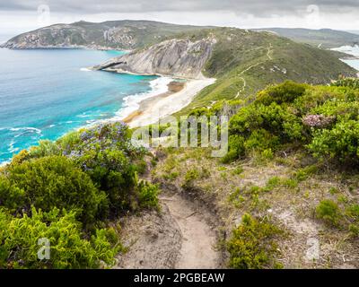 Bald Head Wanderweg und die Flinders Halbinsel über dem südlichen Ozean, Torndirrup National Park, Albany, Westaustralien, Australien Stockfoto