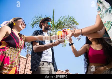 Indische Freunde, die zusammen Spaß haben, Cocktailgetränke anstoßen, Sommerparty feiern, junge Leute mit Gläsern, Toast mit frischem Saft. Schuss aus niedrigem Winkel. S Stockfoto