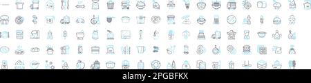 Symbole für Kochvektorlinien festgelegt. Zutaten, Rezept, Messung, Techniken, Werkzeuge, Aromas, Saisonings Illustration umreißt Konzeptsymbole und Stock Vektor